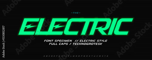 Electric energetic font, speed charged alphabet, dynamic slant typeface for EV brand, green energy logo and headline. Eco transport, charge station, electro station typographic design. Vector typeset