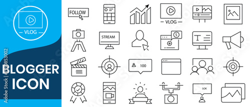 Blogger icon set. Containing influencer, content, creation, vlogger, social media, digital marketing, like, vlogging, blog, personal brand and more. Editable line icons. Vector illustration.
