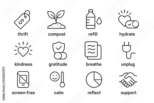 Eco-friendly lifestyle symbols: thrift, compost, refill, hydrate, kindness, and more