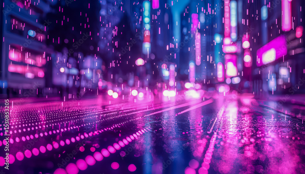 Fototapeta premium Neon city street at night with digital light effects and reflections