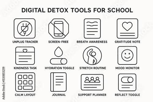 Digital detox tools for school: unplug tracker, screen-free, breath awareness, gratitude note