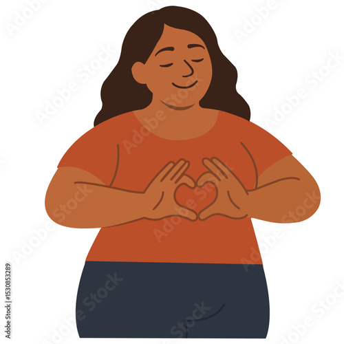 Plus size women with heart shaped hands on head flat vector illustration isolated on white background