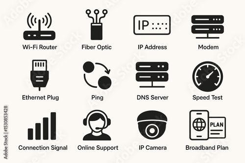 Essential networking icons: router, fiber optic, ip address, modem, ethernet, ping, dns, speed test