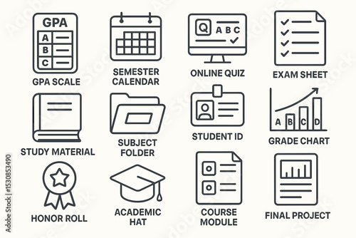 Educational icons: gpa scale, calendar, quiz, exam, study material, grade chart, honor roll