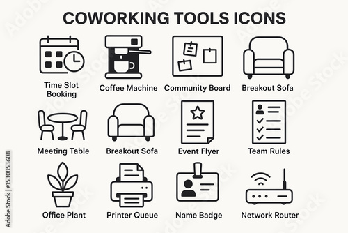 Coworking tools icons: productivity and comfort essentials for modern workspaces