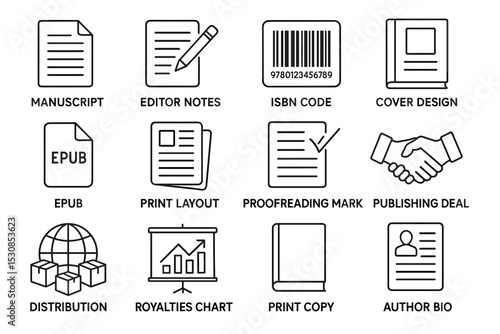 Publishing process icons: manuscript, isbn, cover design, proofreading, distribution