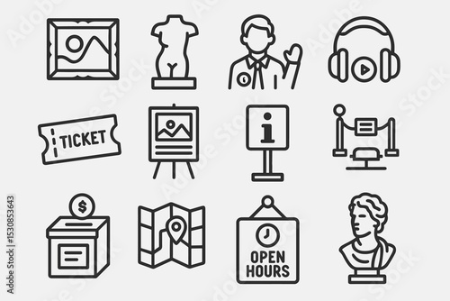 Museum icons collection: art, sculpture, information, tickets, map, headphones, hours