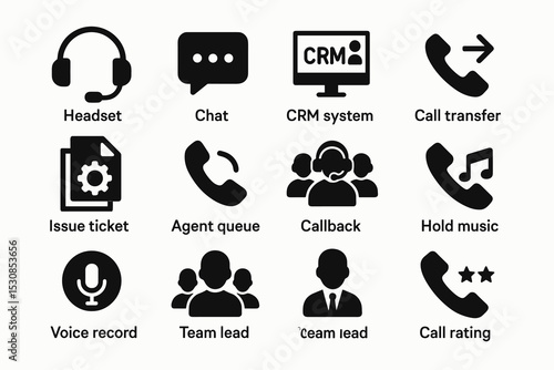 Contact center icons set featuring communication and support tools