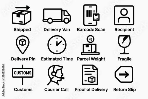 Delivery icons: shipping, barcode, parcel, customs, courier, fragile, proof