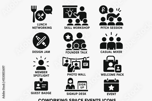 Coworking space event icons for networking, workshops, and social mixers