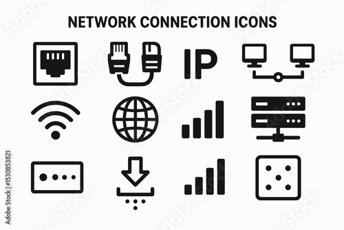 Collection of network connection icons with ethernet, wi-fi, ip, server, and signal symbols