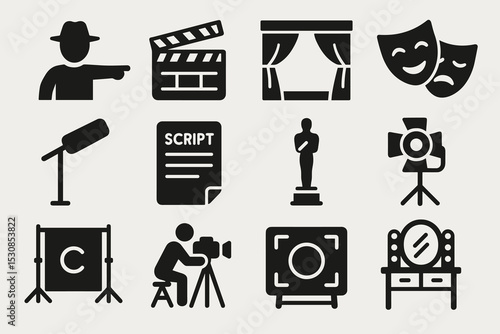 Film production icons set: directing, acting, filmmaking essentials