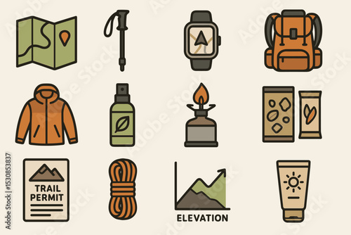 Essential hiking gear icons: maps, backpack, jacket, trail permit, climbing rope, elevation