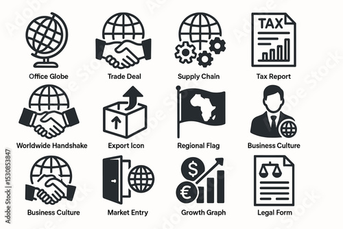 Business icons: trade, supply, export, tax, growth, legal, culture