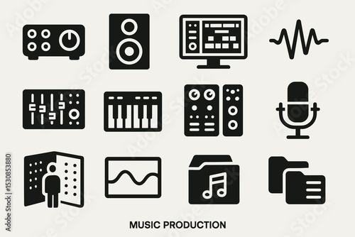 Music production icons: mixer, speaker, microphone, soundwave, equalizer, synthesizer