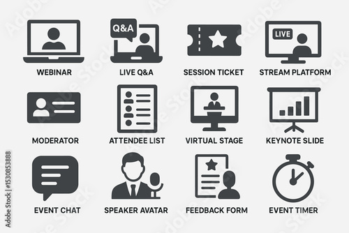 Webinar elements icons: live q&a, session ticket, virtual stage, event timer