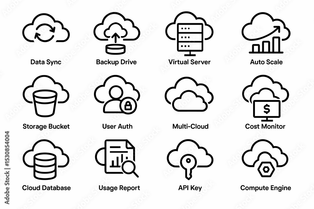 Cloud computing icons for data sync, backup, virtual server, and more Cloud computing icons for data sync, backup, virtual server, and more
