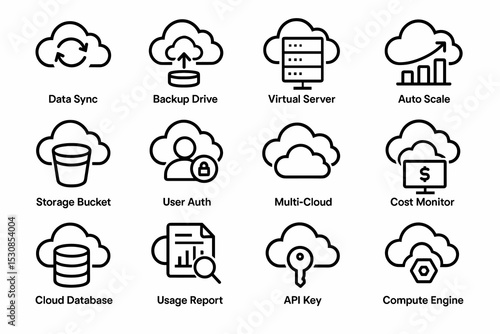 Cloud computing icons for data sync, backup, virtual server, and more
