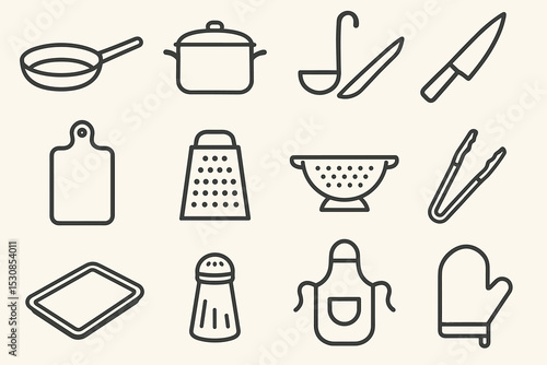 Kitchen utensils icons: frying pan, pot, ladle, cutting board, grater, colander, tongs, tray, salt shaker, apron, oven mitt
