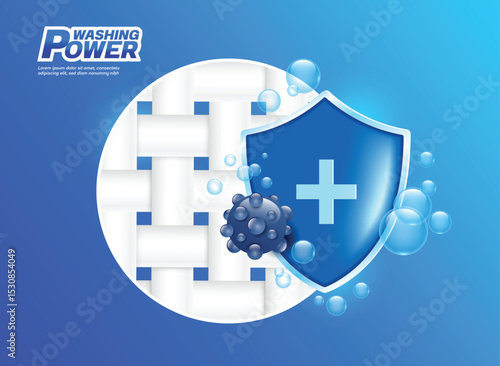 The blue shield hits dirt or germs stuck on the fabric fibers to remove the stains, vector 3d illustration on blue background for designing a bleach advertisement