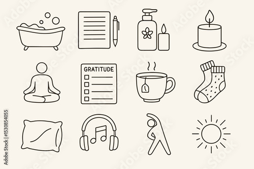 Cozy self-care essentials: bath, meditation, tea, candles, and journaling icons