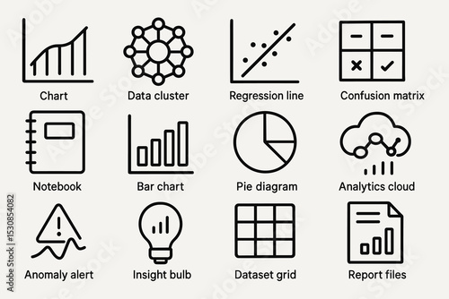 Data visualization icons: graphs, diagrams, and analytics tools