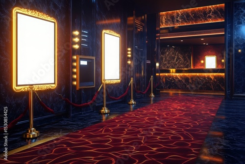 Luxury velvet-roped cinema lobby with crimson wave-pattern carpet, backlit golden ticket counters, and blank holographic movie poster frames glowing on black marble walls for premium theater branding