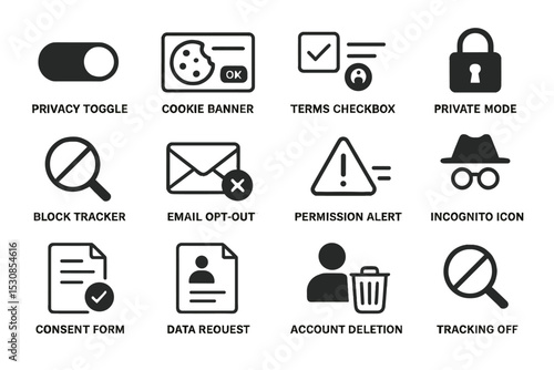 Digital privacy and security icons: toggle, cookie, terms, private, tracker, and more