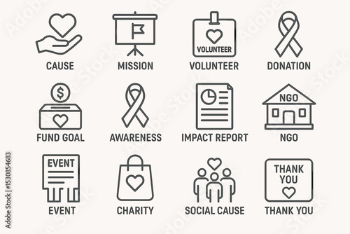 Charity and nonprofit icons set: volunteer, donation, awareness, and social cause symbols