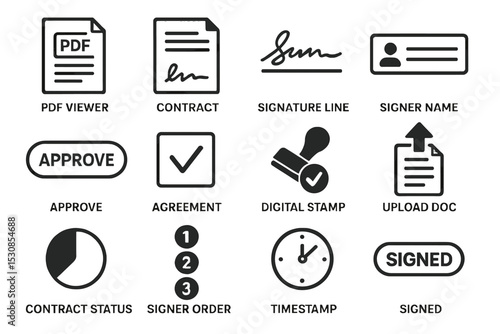 Digital document icons: pdf viewer, contract, approval, signature, timestamp, signed status