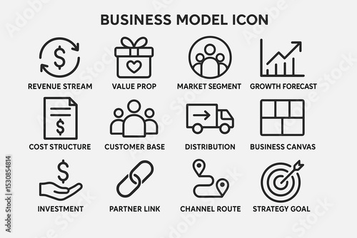 Business model icons: revenue, value proposition, market segment, distribution strategy goals