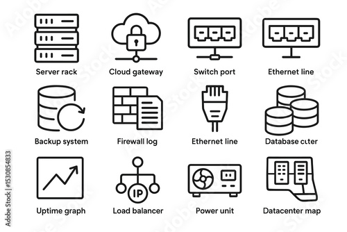Network and data center icons: server, cloud, firewall, ethernet, database