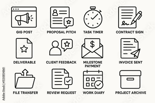 Business icons: gig post, proposal, timer, contract, deliverable, feedback, payment, invoice, file transfer