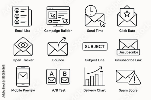 Email marketing icons: campaign, delivery, tracking, mobile, unsubscribe