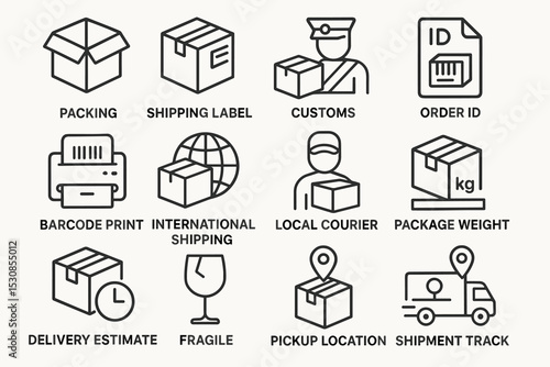 Shipping icons: packing, labeling, customs, delivery, tracking, and more