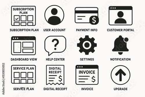 Subscription plan icons: user account, payment info, customer portal, dashboard, help center