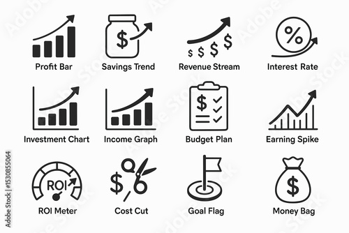 Financial growth and budget planning icons: profit, savings, revenue, investment, earnings