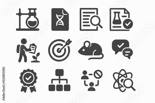 Science icons: research, analysis, dna, experiment, communication, certification