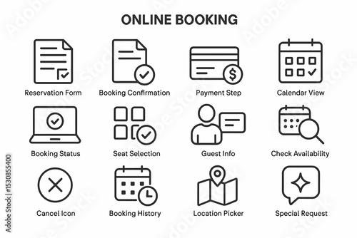 Online booking icons set: reservation, payment, calendar, and more for easy management