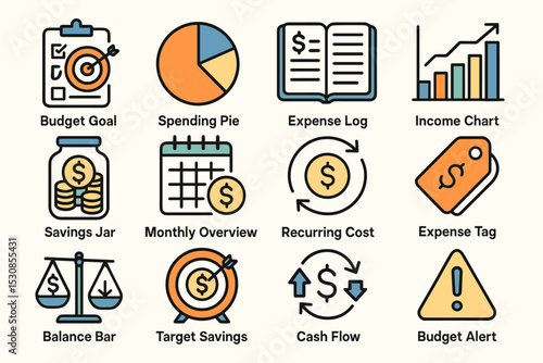 Financial planning icons: budgeting, savings, expenses, income charts, cash flow management