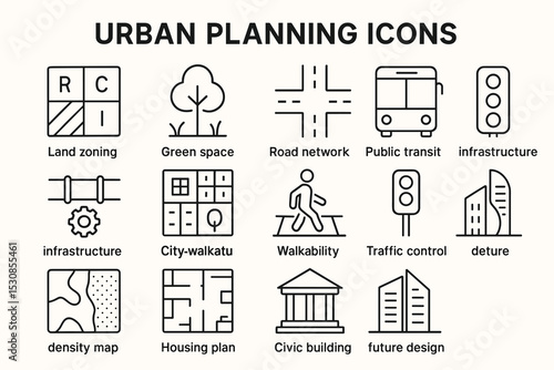 Urban planning icons: infrastructure, zoning, transit, housing, walkability