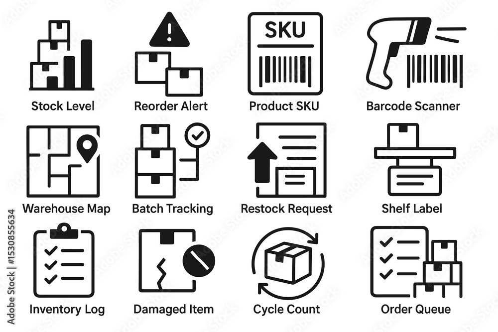 Warehouse inventory management icons: stock, barcode, restock, tracking, order Warehouse inventory management icons: stock, barcode, restock, tracking, order