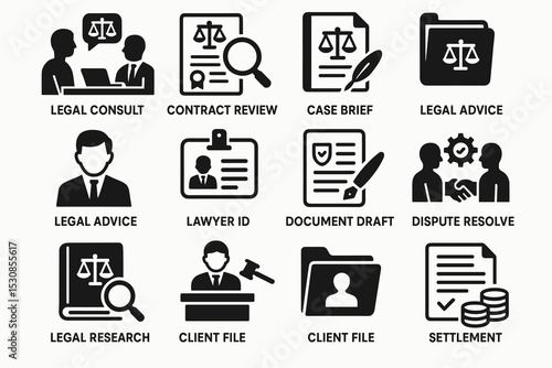 Legal consulting and document management icons for lawyers and legal professionals