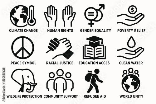 Icons representing climate change, human rights, gender equality, and global causes