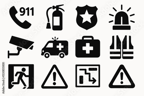 Essential emergency icons including first aid, fire safety, and warning symbols