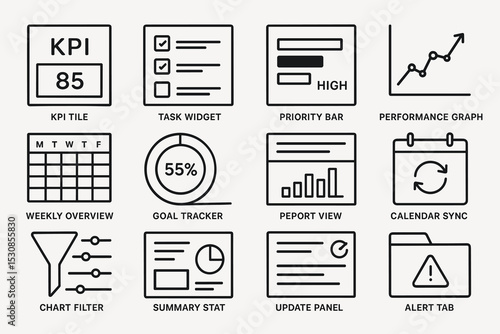 Organizational dashboard icons for performance and task management tools