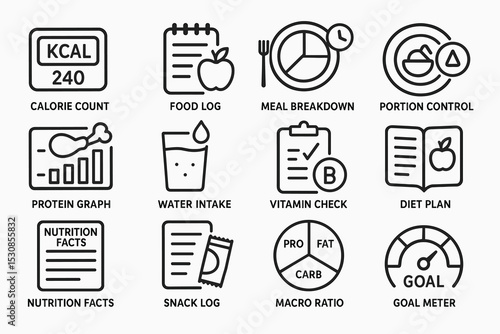 Health tracking icons: calorie count, meal breakdown, portion control, diet plan, macro ratio