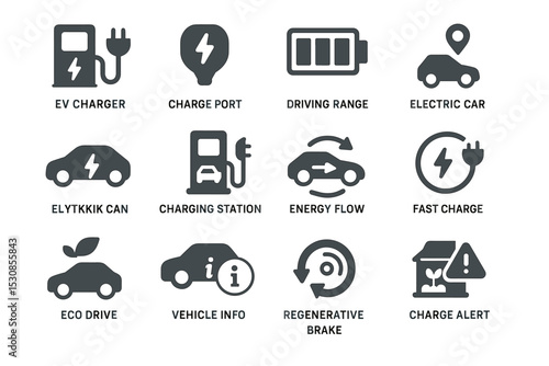 Electric vehicle symbols: charger, battery, charging station, eco drive, fast charge
