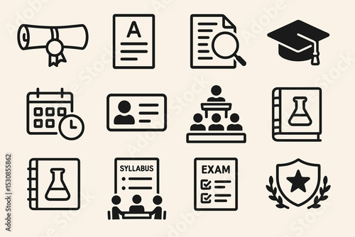 Education icons: diploma, document, magnifying glass, graduation cap, calendar, id, lecture, flask, syllabus, exam, shield