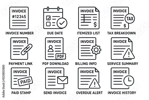 Invoice icons: number, due date, itemized list, tax, payment link, pdf, billing, service, paid, overdue